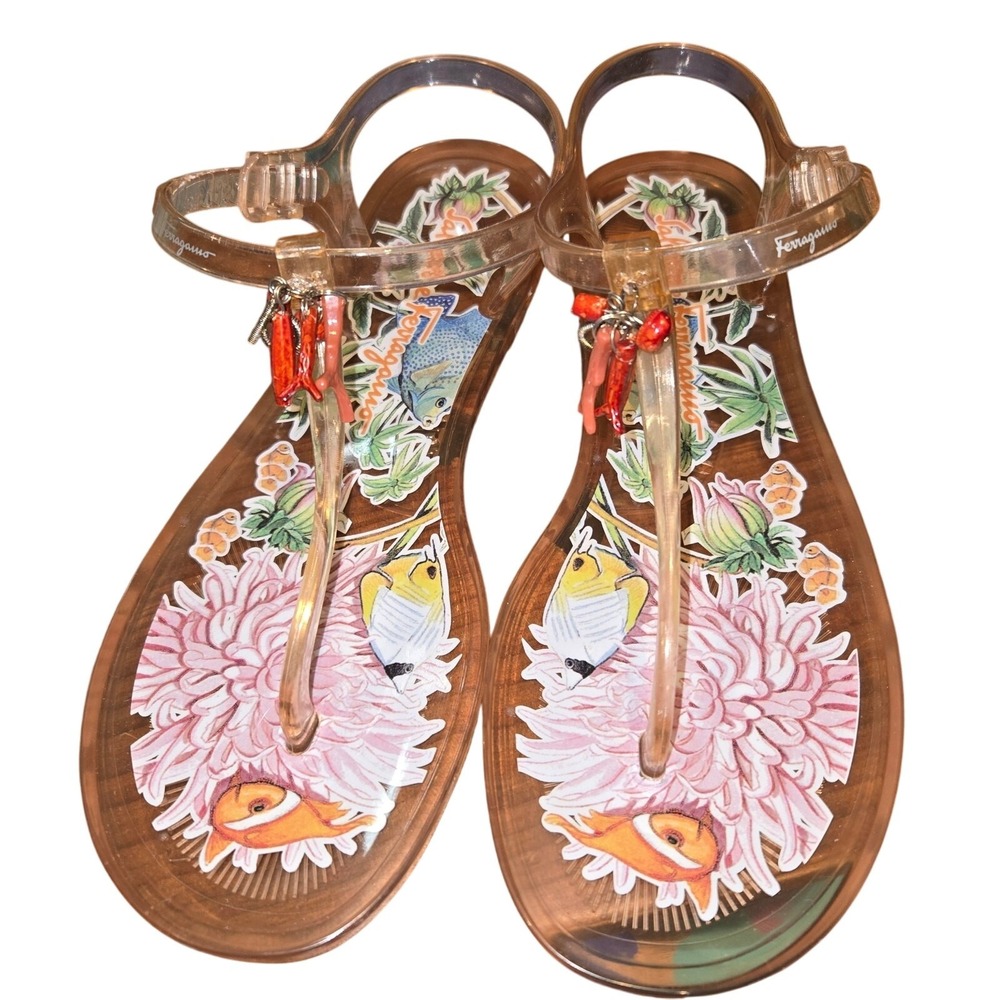 Salvatore Ferragamo Koi Fish Jelly Sandals 9.5 Ocean Floral Designer